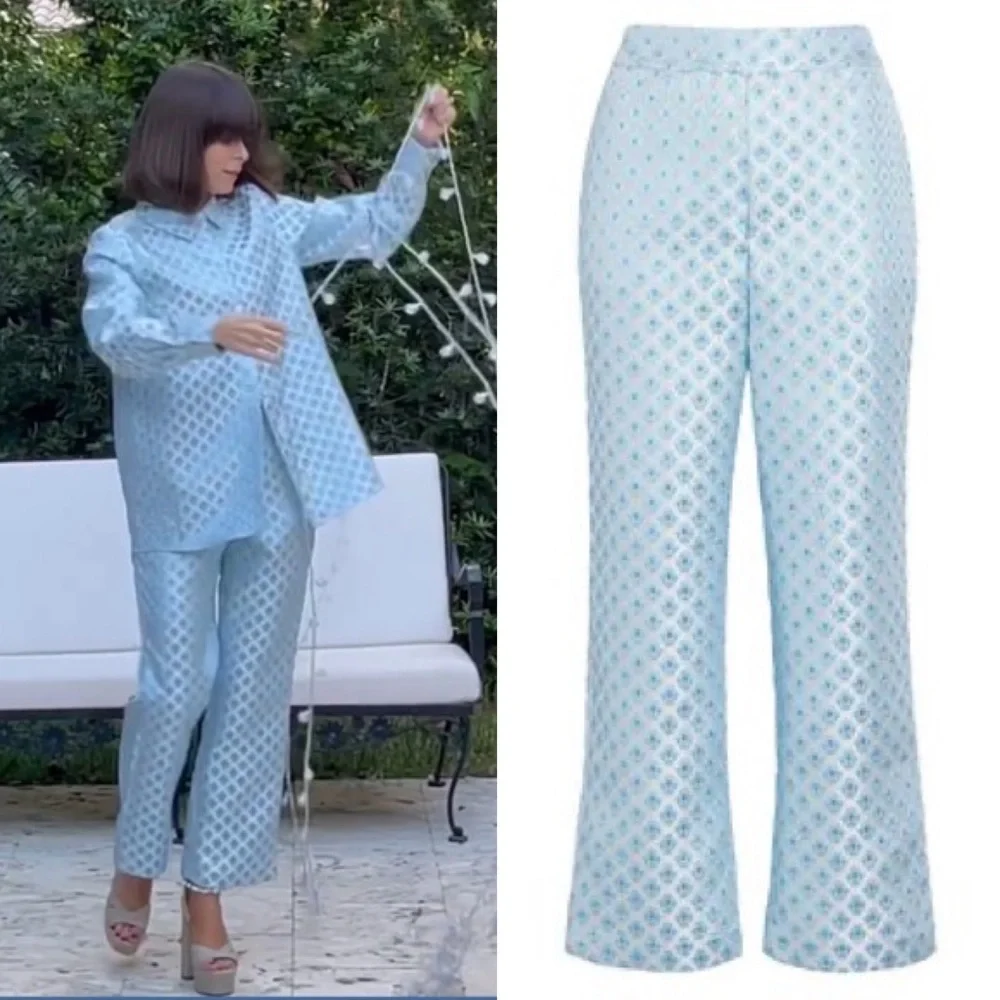 HILL HOUSE The Winston Pant in Blue White Brocade Snowflake Pattern Medium NEW